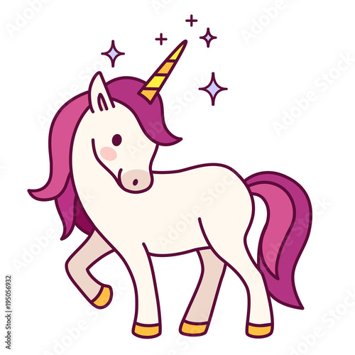 Cute unicorn with pink mane simple cartoon vector illustration. Simple flat line doodle icon contemporary style design element isolated on white. Magical creatures  fantasy  dreams theme.