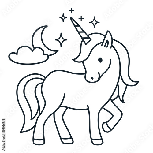 Cute unicorn simple cartoon vector coloring book illustration. Simple flat line doodle icon contemporary style design element isolated on white. Magical creatures  fantasy  dreams theme.