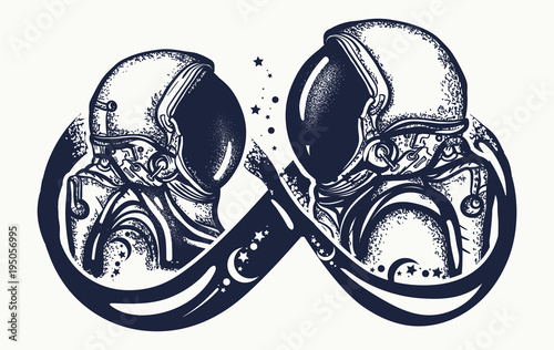 Love in space tattoo and t-shirt design. Two astronauts in love. Romantic symbol of eternal love, infinity sign, immortality.  Lovers in universe tattoo art