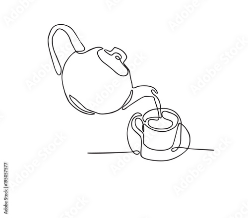 continuous line drawing of Tea pot and tea cup on a white background.