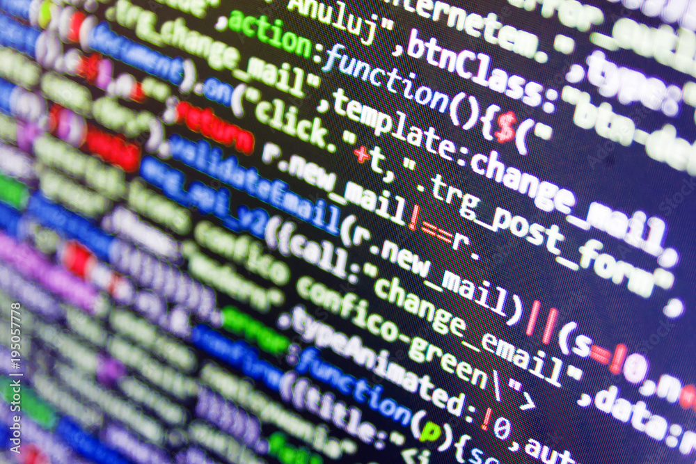 Writing programming functions on laptop. Coworkers team in modern ...