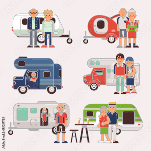 Senior travel vector elderly family couple travelling on camping trailer and retired character on a vacation motor caravan illustration set of grandparents on a car isolated on white background