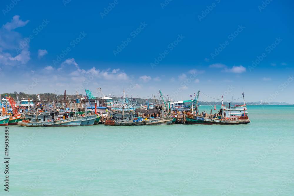 Group of fishery wooden boats  at the port.