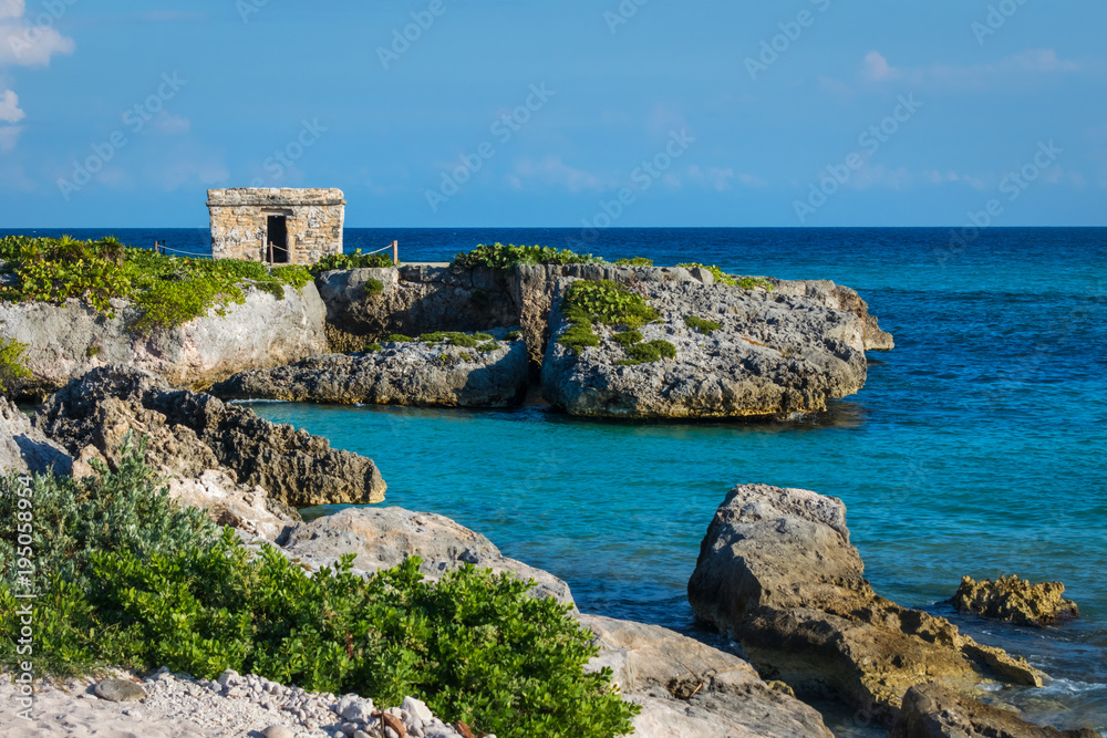 Mayan ruins at tropical coast. Landscape. Seaside. Quintana Roo, Mexico, Cancun, Riviera Maya