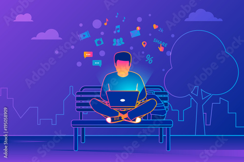Young man sitting in the park and working with laptop on violet background. Gradient line vector illustration of internet issue, social networking, searching news, sending email and texting to friends
