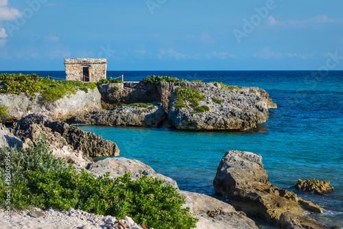 Mayan ruins at tropical coast. Landscape. Seaside. Quintana Roo, Mexico, Cancun, Riviera Maya