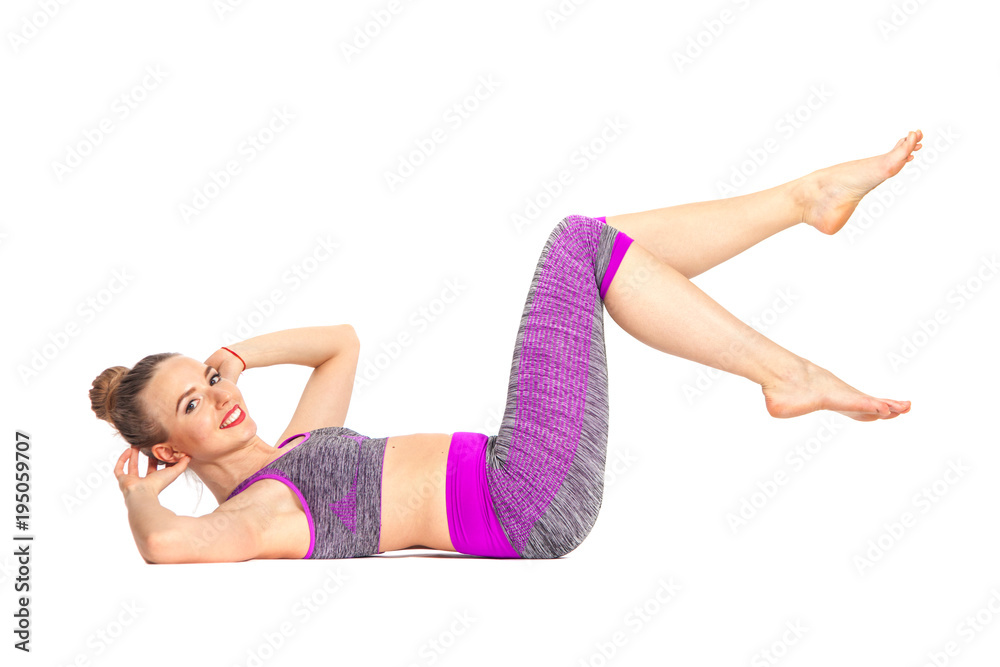 Women doing yoga perform Lying on the back makes exercises for the press. Yoga allows them to develop flexibility and strengthen muscles Women doing yoga perform Lying on the back makes exercises for the press. Yoga allows them to develop flexibility and strengthen muscles