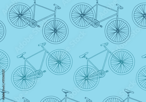 Hand drawn hipster bike vector pattern illustration in gray and turquoise blue colors palette