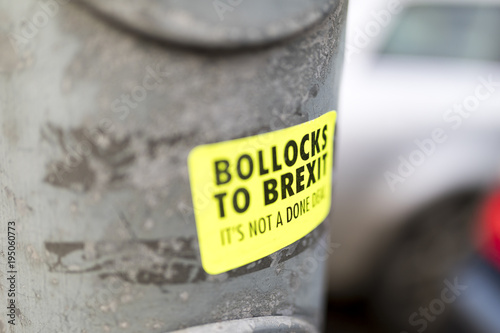 Принти на полотні Luminous yellow Bollocks to Brexit sticker stuck on a lamp post protesting that