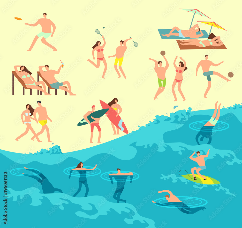 Sunbathing, playing and swimming people in summer beach vector illustration Sunbathing, playing and swimming people in summer beach vector illustration