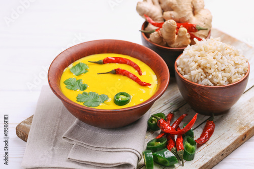 Vegetarian curry Gujarati Kadhi with chickpea and yogurt photo