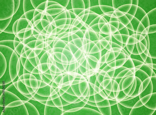 Abstract composition of white volume circles on a green substrate. 3d background.