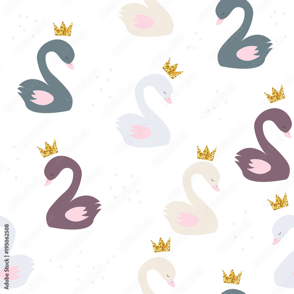 Fototapeta premium Seamless pattern with princess swan and gold glitter crown. Vector hand drawn illustration.