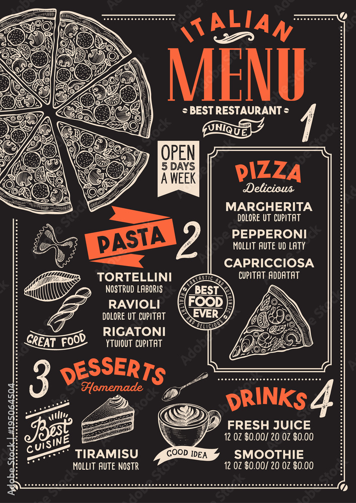 Pizza restaurant menu. Vector food flyer for bar and cafe. Design ...