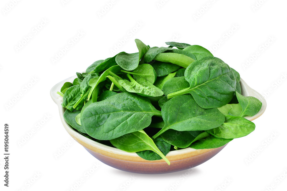 Baby spinach leaves in stoneware bowl isolated on white background Baby spinach leaves in stoneware bowl isolated on white background