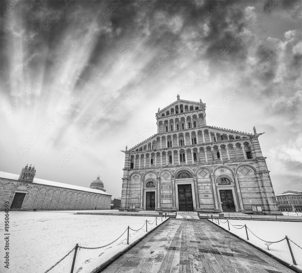 Square of Miracles with Cahedral detail at sunset after a winter snowfall, Pisa - Italy