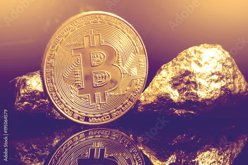 Golden bitcoin coin and mound of gold bitcoin cryptocurrency business concept