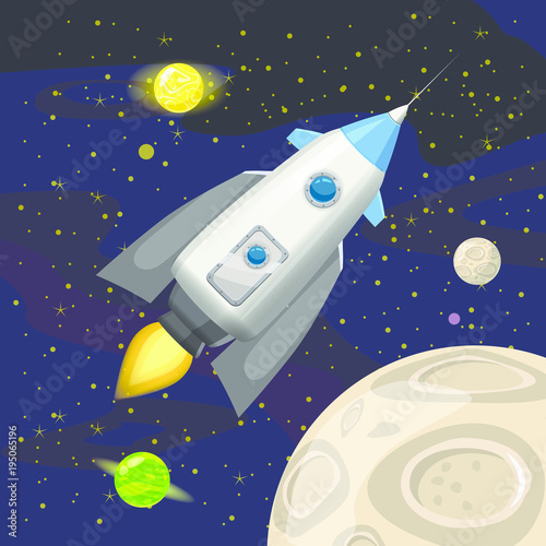 Space rocket launch, spaceship, space background, cartoon style, Vector illustration