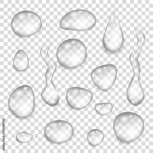 Set of  transparent gray drops of pure clear water.