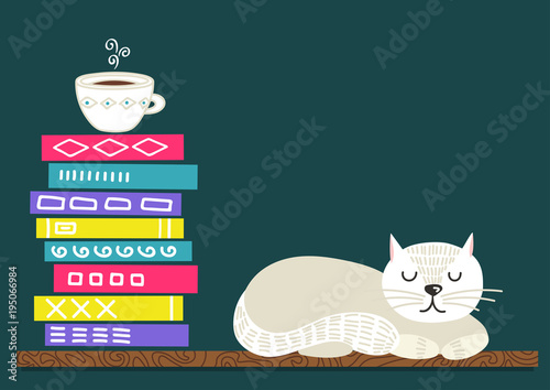 Books, coffee, cat. Books stack with cup of tea and white sleeping cat. Vector illustration with place for your text.