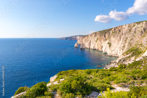 View of blue sea and Plakaki cape on western coast of Zakynthos island.