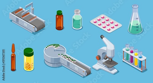 Isometric Pharmaceutical Industry Elements Set