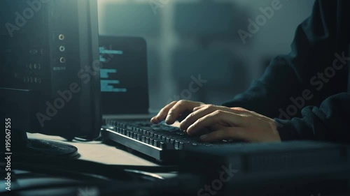 Computer hacker in server room with multiple LCD panels, laptop and scrolling code.