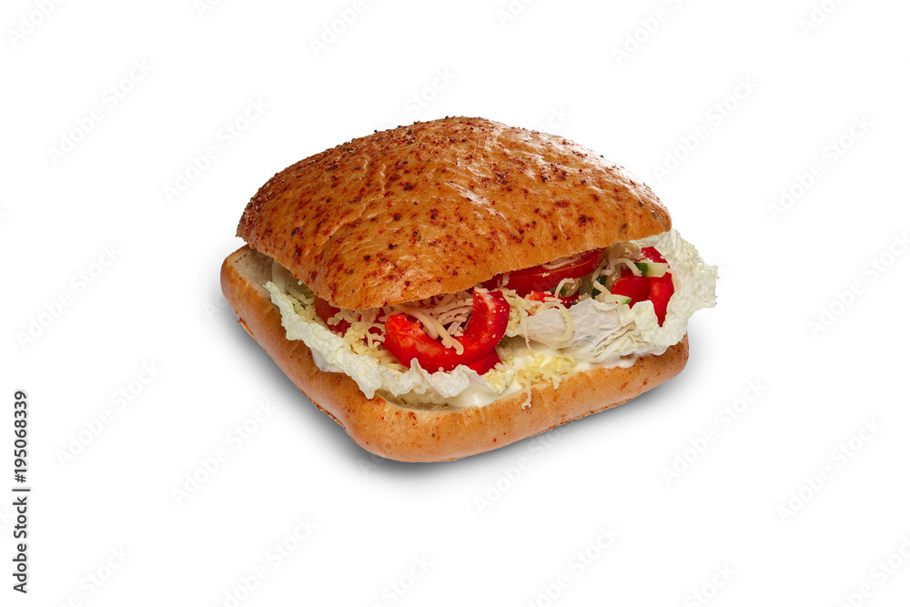 Layout for menu. Vegetarian burger with bell pepper, cabbage, cucumber and cheese Layout for menu. Vegetarian burger with bell pepper, cabbage, cucumber and cheese