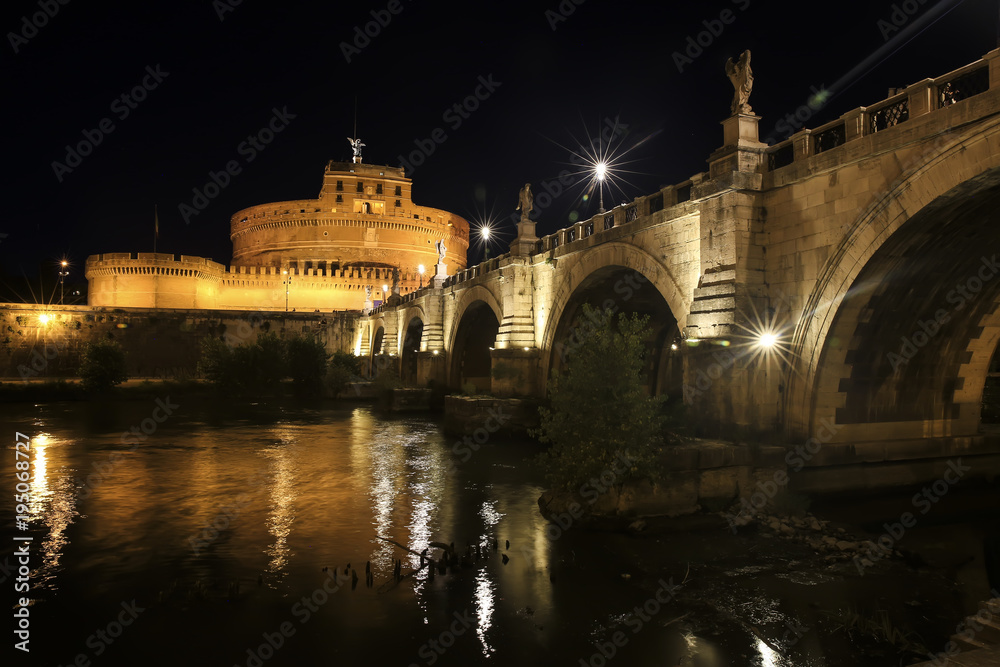 Castel St. Angelo and St. Angelo Bridge in the night Rome, Italy