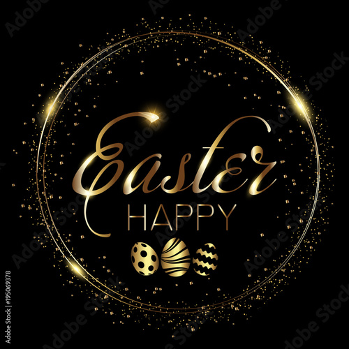 Happy Easter greeting card with glitter dots and hand drawn text. Vector.