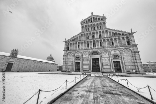 Square of Miracles with Cahedral detail at sunrise after a winter snowfall, Pisa - Italy