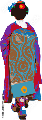 Colorful vector illustration of walking geisha