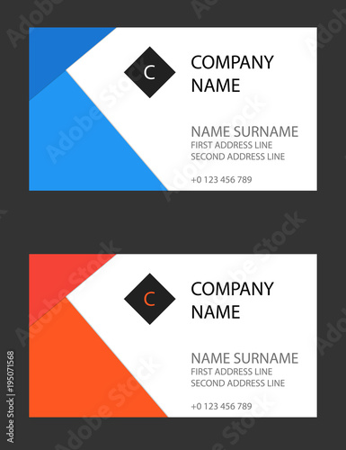 Set of flat material design business card. Clean colors and design. Blue and orange. EPS10 vector.