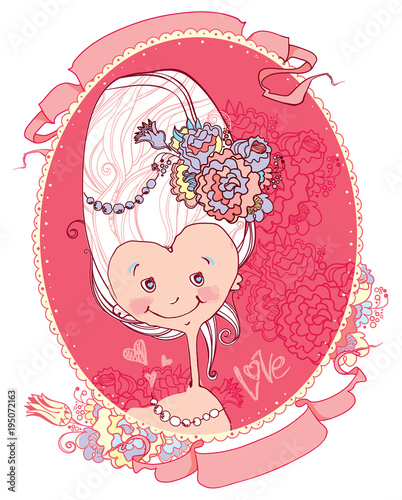 Little lady. Sweet pink portrait of a funny girl in the jocular style of Marie Antoinette.