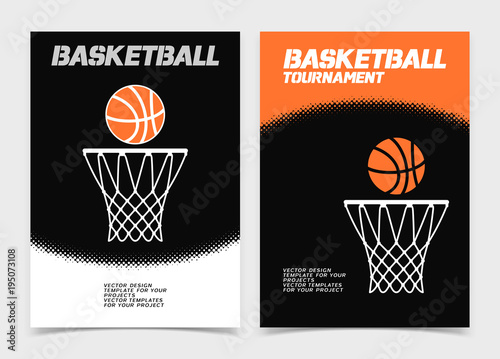 Basketball brochure or web banner design with ball and hoop icon