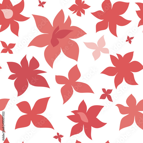 Pink red flowers in the form of stars seamless pattern. Cute simple background.