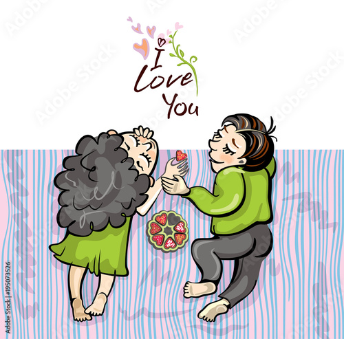 Romantic pair of lovers lies on a blanket. Vector cartoon illustration with the inscription I love you.