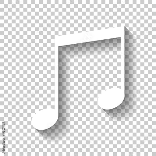 Music note icon. White icon with shadow on transparent background