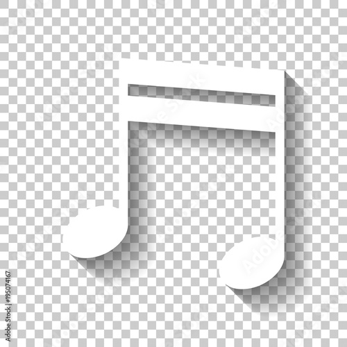 Music note icon. White icon with shadow on transparent background