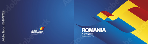 Independence Day Romania flag ribbon two fold landscape background greeting card