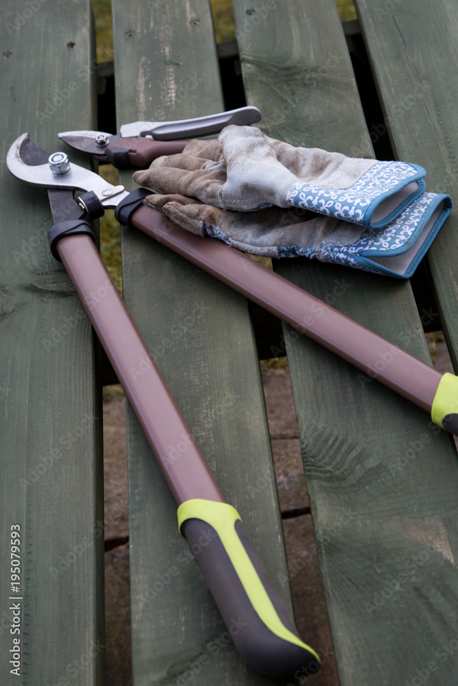 Garden Tools and Gloves on a Wooden Bench