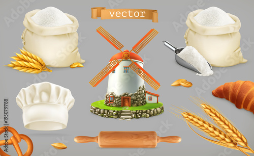 Flour. Mill, wheat, bread, chef hat. 3d vector icon set