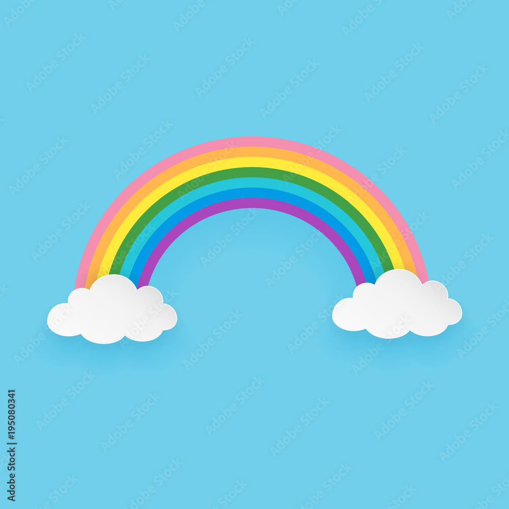 Isolated cartoon rainbow with clouds on the blue background. Paper art style. Minimal and clean design. Vector illustration.