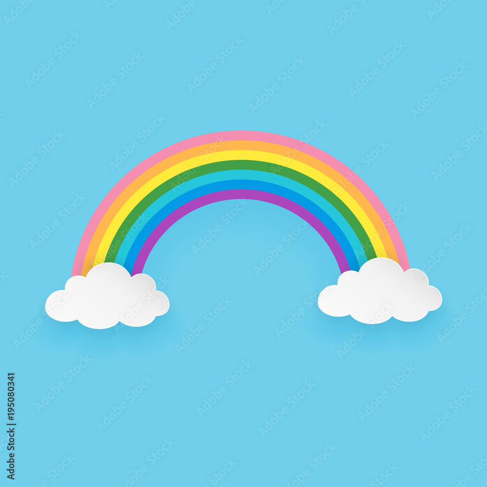 Isolated cartoon rainbow with clouds on the blue background. Paper art style. Minimal and clean design. Vector illustration. Isolated cartoon rainbow with clouds on the blue background. Paper art style. Minimal and clean design. Vector illustration.