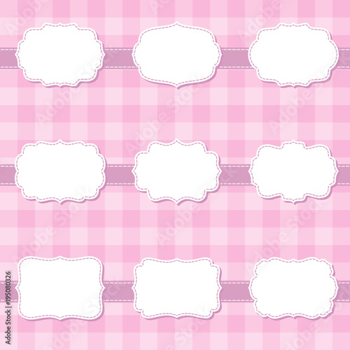 Set of cute cartoon decorative sewing blank frames. Shape labels for baby shower, banner, sticker, scrapbook template. Flat and minimal design. Vector illustration.
