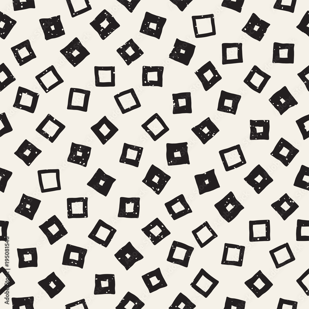 Hand drawn black and white ink abstract seamless pattern. Vector stylish grunge texture. Geometric scattered shapes paint brush lines