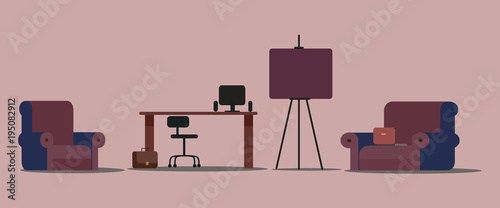 Interior, office, furniture, background, set of office furniture, flat style, vector illustration.