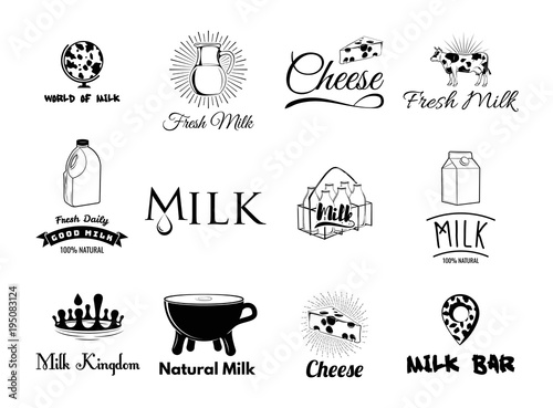 Set of dairy products. Milk labels set. Cow, milk bottle. Vector illustration.