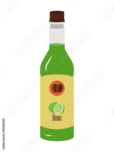 Lime syrup of a coffee company in a bottle. Isolated flat vector.