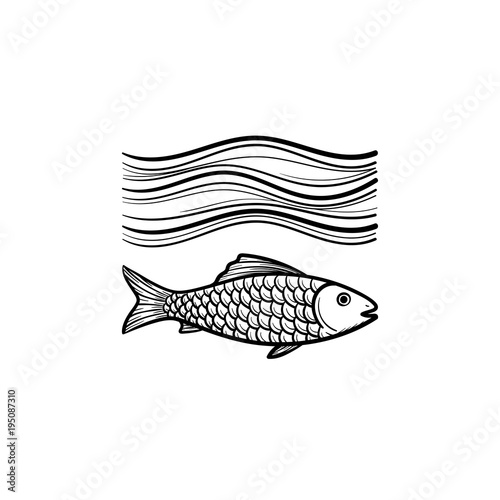 Fish under sea wave hand drawn outline doodle icon. Small fish in water vector sketch illustration for print, web, mobile and infographics isolated on white background.